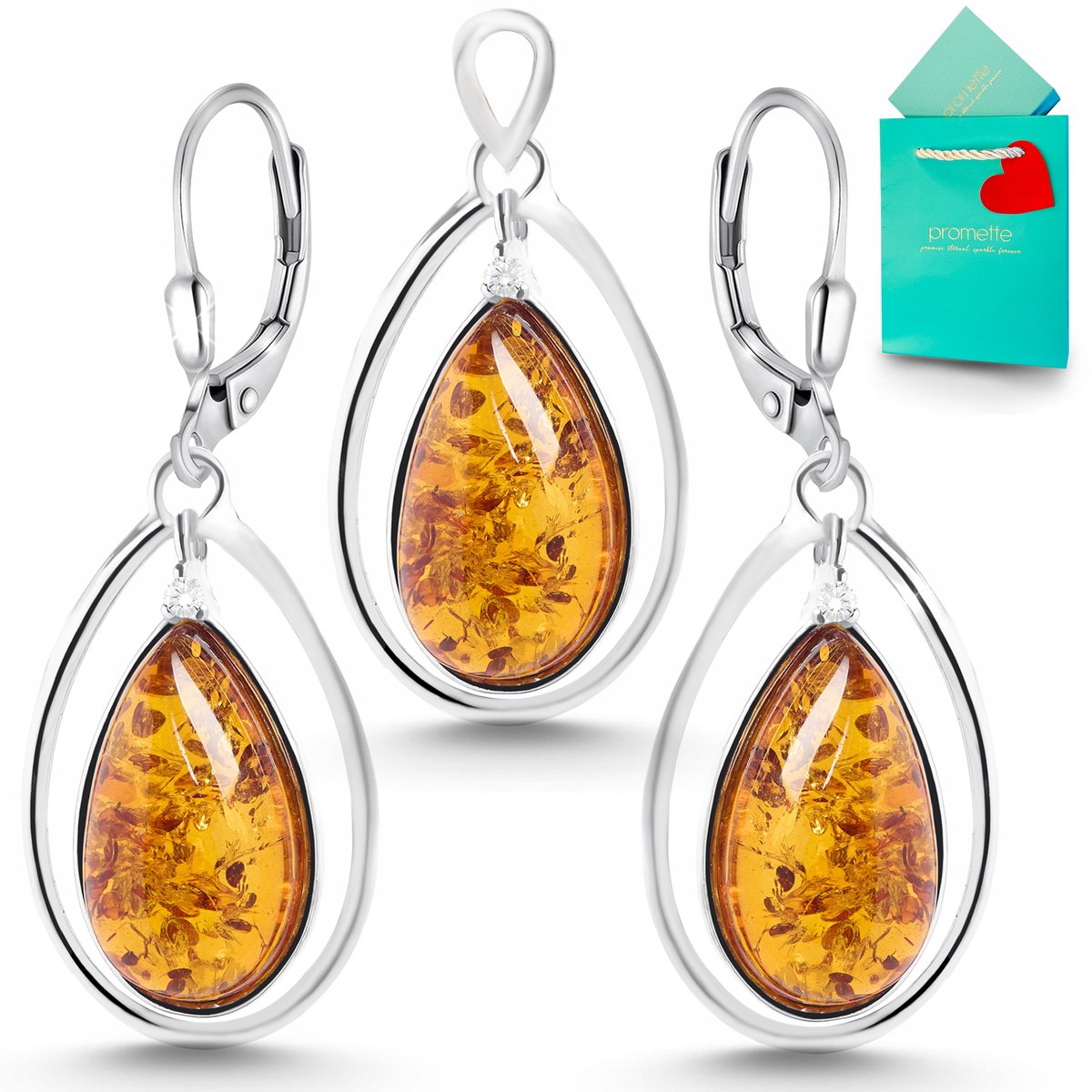 Komplet biżuterii srebrnej z bursztynem kolczyki wisiorek srebro 925