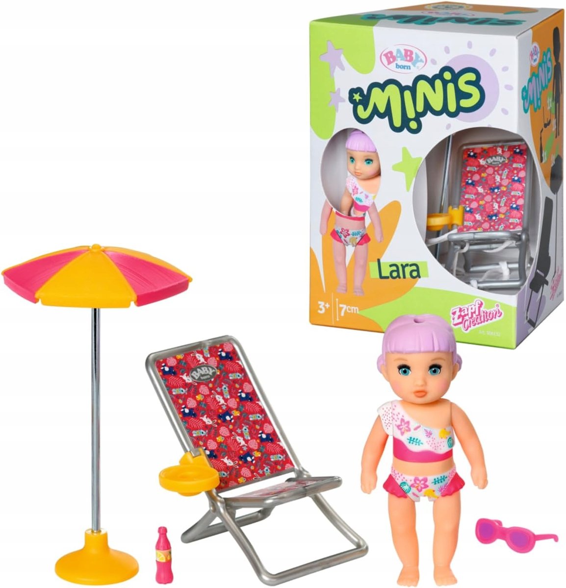 Baby Born Minis Lalka Lara Figurka + Leżak Parasol Zestaw Wakacyjny Zapf