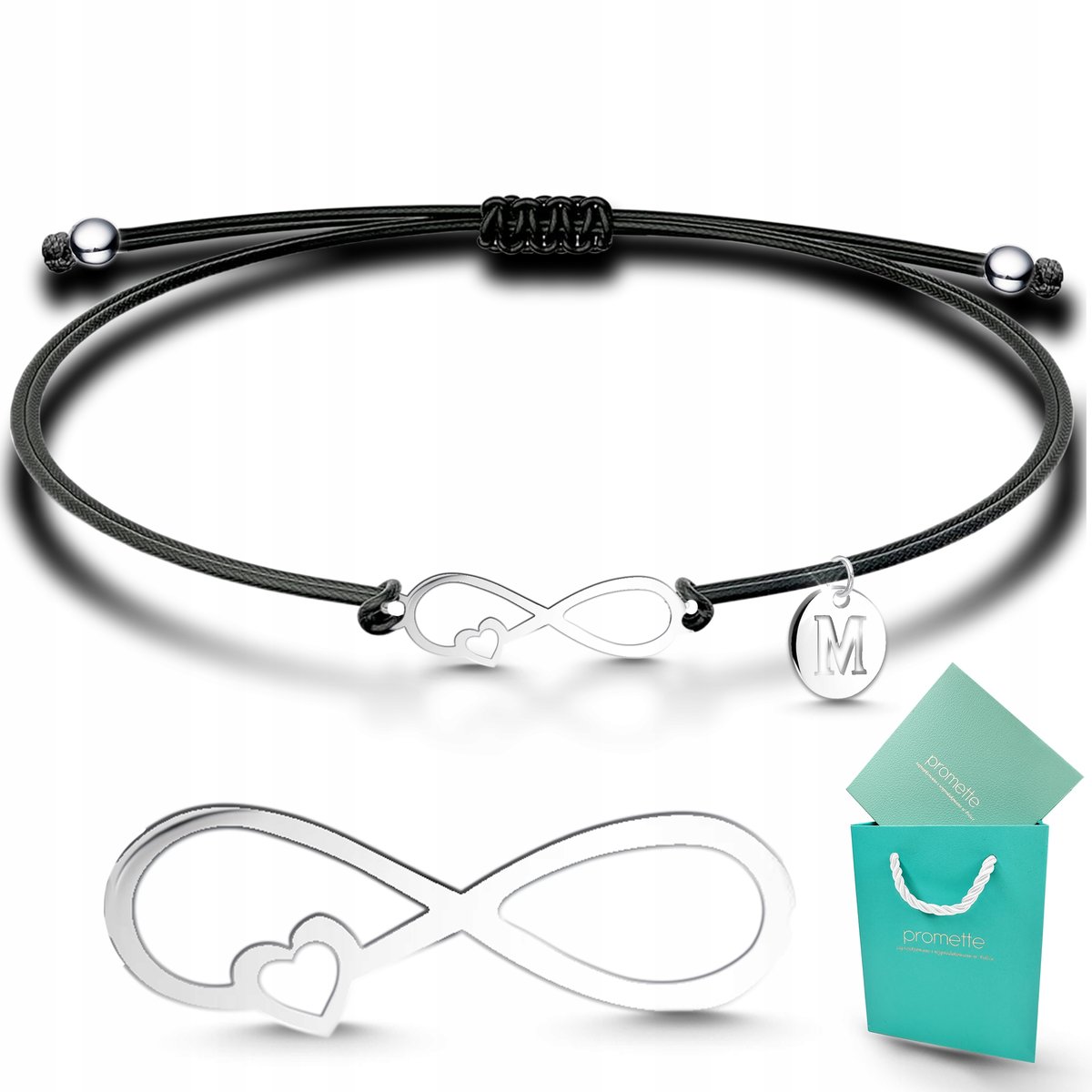 Bransoletka na sznurku nieskończoność literka czarny sznurek srebro 925