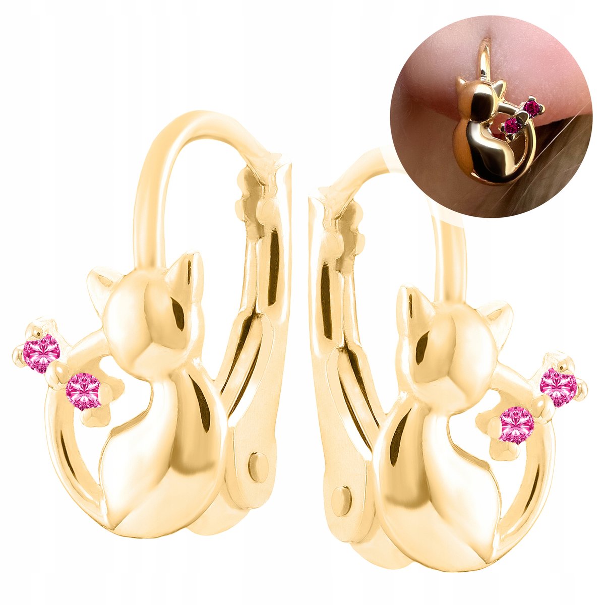Złote kolczyki dla dziewczynki kotki zapięcie francuskie koty komunia 925