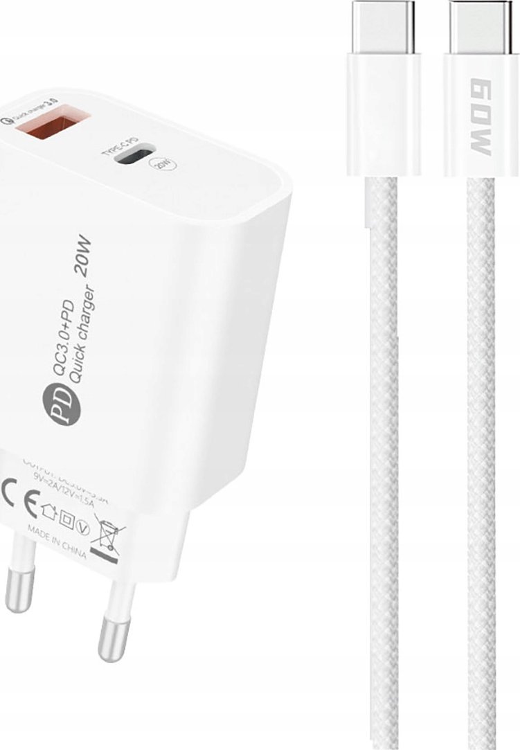 Ładowarka sieciowa A6MaxL 20W USB-A USB-C z kablem USB-C - USB-C 1m - biała