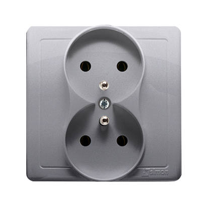 Kontakt Simon Gniazdo podwójne z/u monoblok z przesłonami torów BASIC - inox, metalizowany