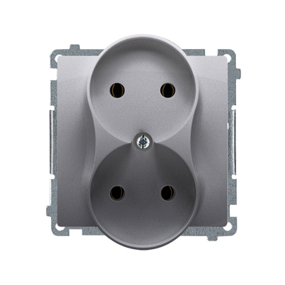 Kontakt Simon Gniazdo podwójne b/u monoblok z przesłonami torów BASIC - inox, metalizowany