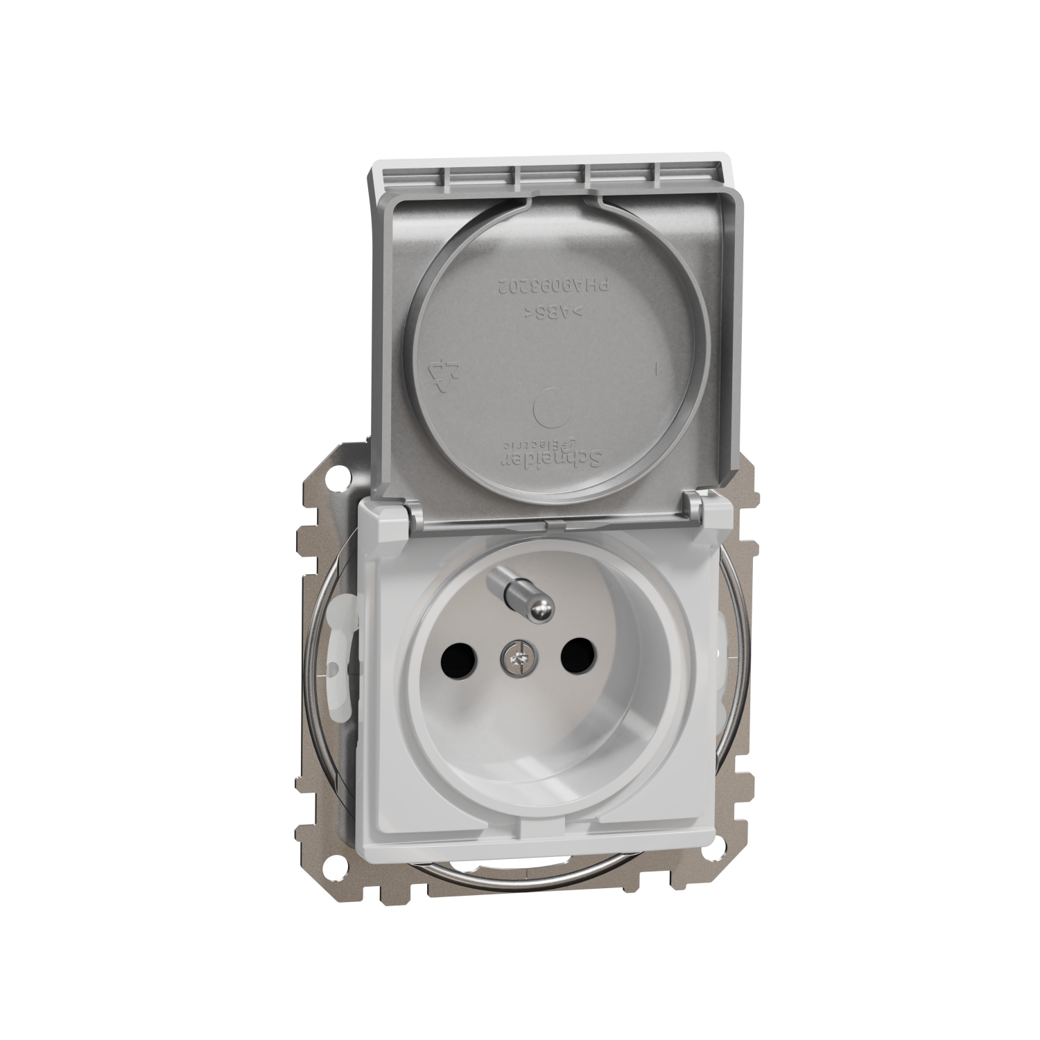 Schneider Gniazdo z/u z klapką z przesłonami IP44 SEDNA Design & Elements srebrne aluminium
