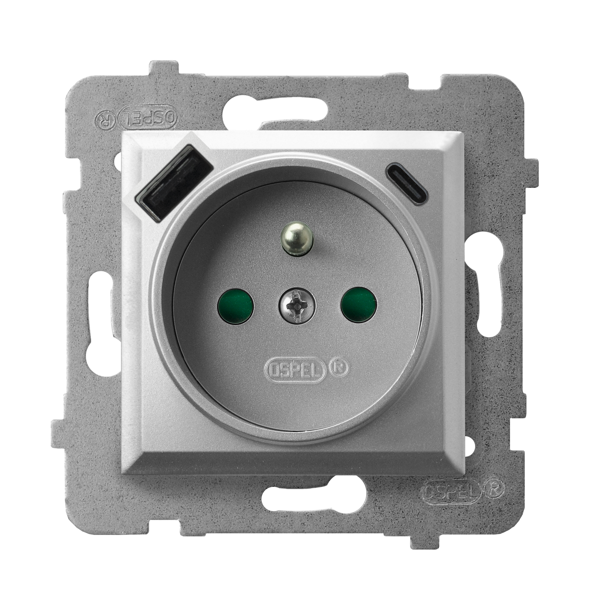 Ospel gniazdo pojedyncze z ładowarką USB A+C  ARIA - srebro