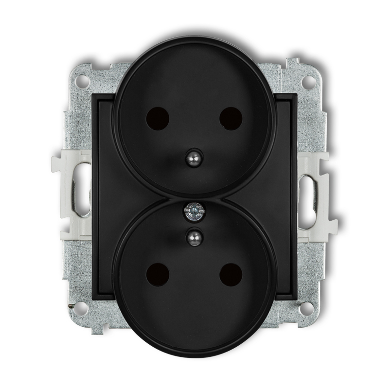 Karlik Gniazdo podwójne z uziemieniem z przesłoną torów ICON - czarny mat