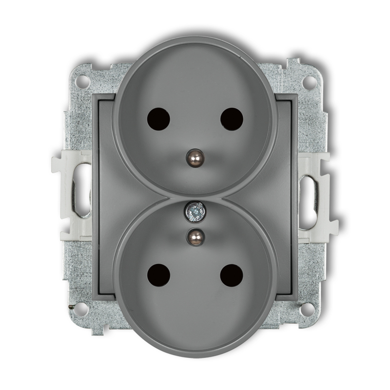 Karlik Gniazdo podwójne z uziemieniem z przesłoną torów ICON - szary mat