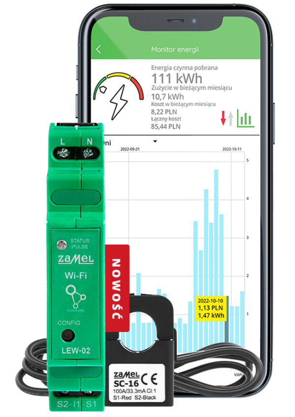 Zamel Zamel Monitor energii elektrycznej 1-faz z anteną Wi-Fi 1F+N Supla LEW -02 100A