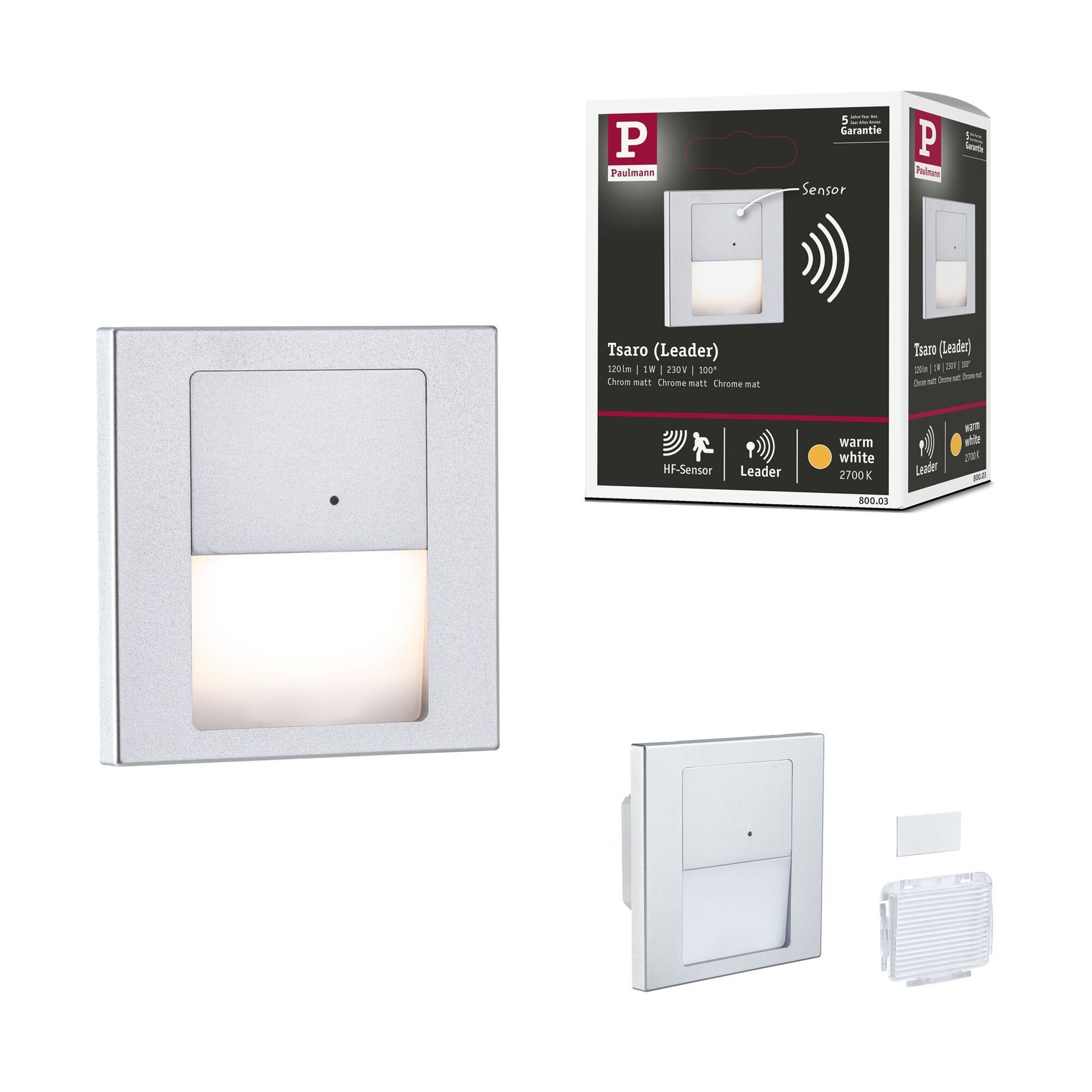 Oprawa schodowa z czujnikiem ruchu i zmierzchu TSARO kwadrat LED 1W 2700K -chrom