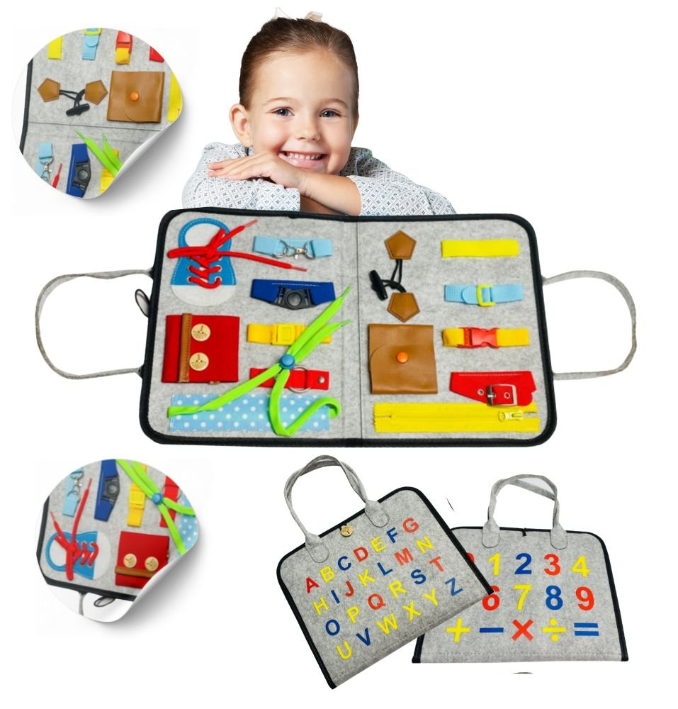 Tablica Manipulacyjna Sensoryczna Montessori Walizka 16W1 Nauka Puzzle