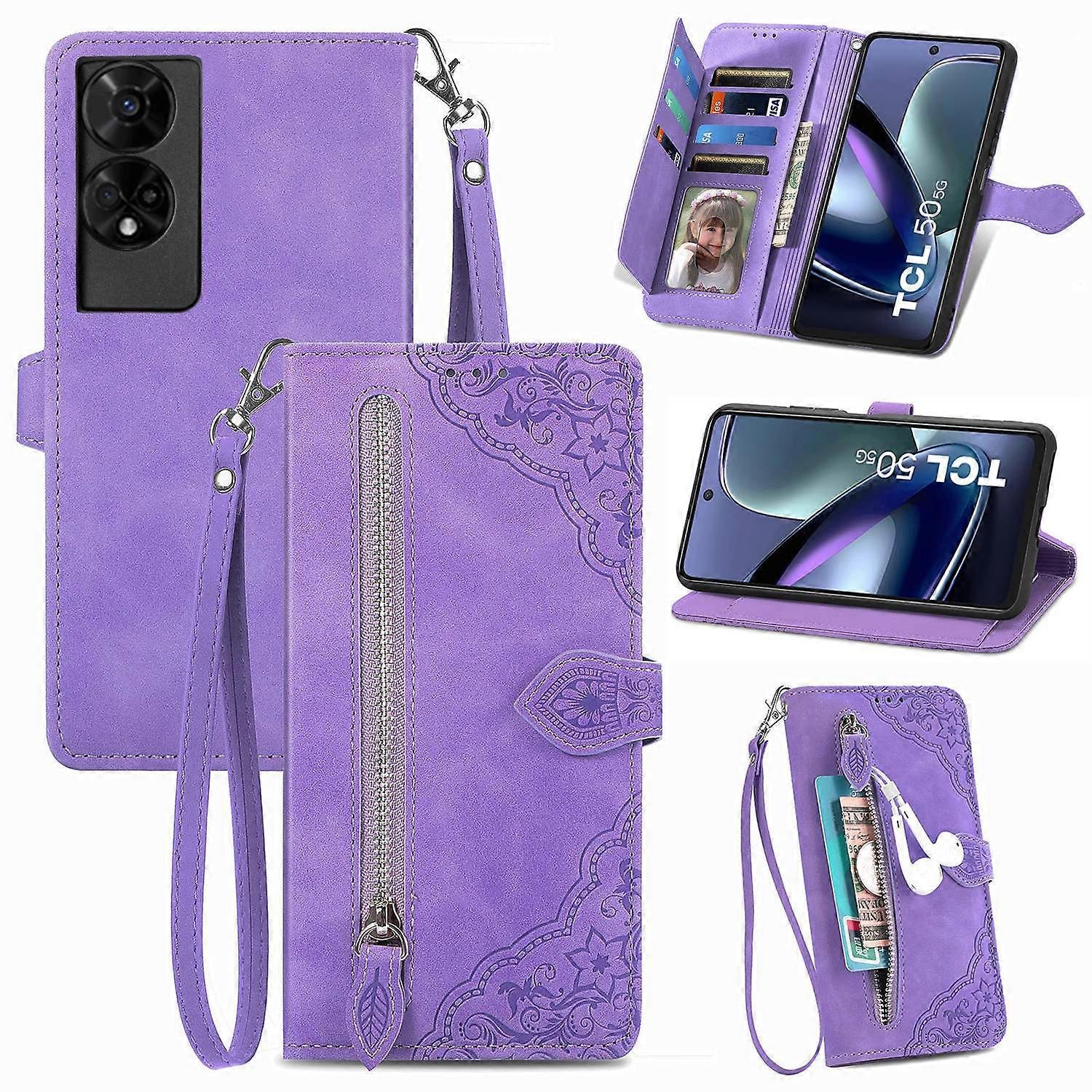 Do etui TCL 50 5G Portfel na zamek błyskawiczny PU Skórzany kwiatowy pokrowiec na telefon Wielobarwny Style D