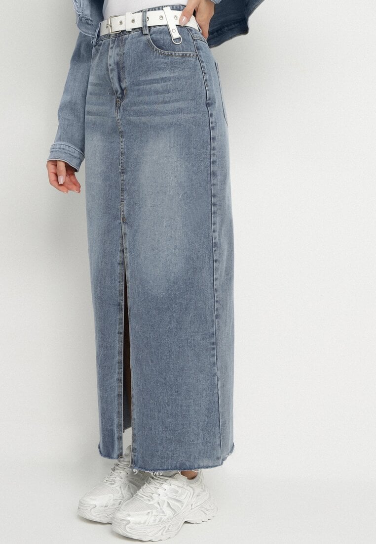 Niebieska Ołówkowa Spódnica Jeansowa z Rozcięciem z Przodu Limirea