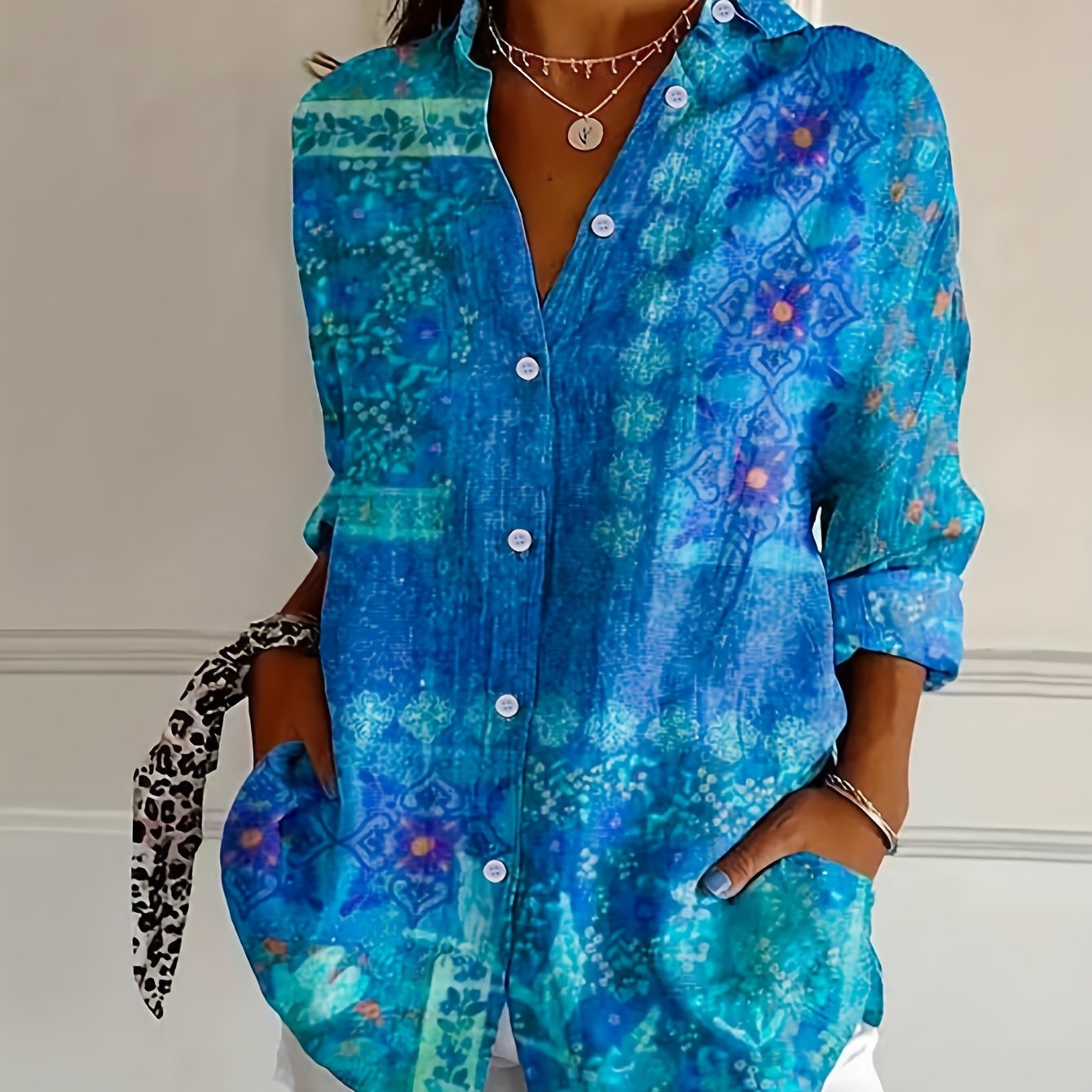 TEMU Koszula Damska z Długim Rękawem na Codzień w Żywe Niebieskie Wzory Kwiatowe, Kołnierzyk, Możliwość Prania w Pralce, Uniwersalna na Każdą Porę