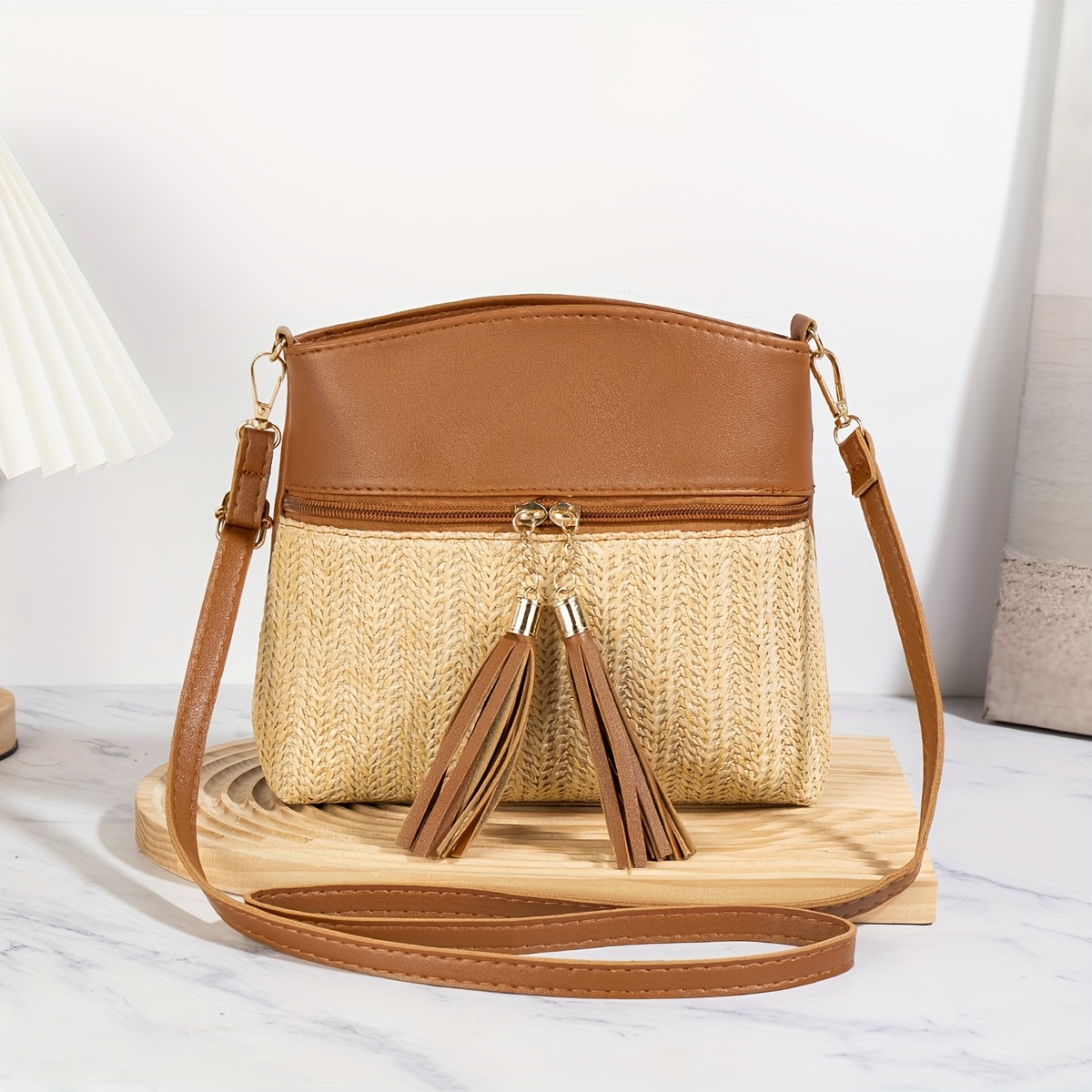 TEMU Bohemian Damska Torba na Ramię z Regulowanym Paskiem i Chwostami - Khaki/Ciemnobrązowy Syntetyk, Zamek Błyskawiczny, Podszewka Poliestrowa -