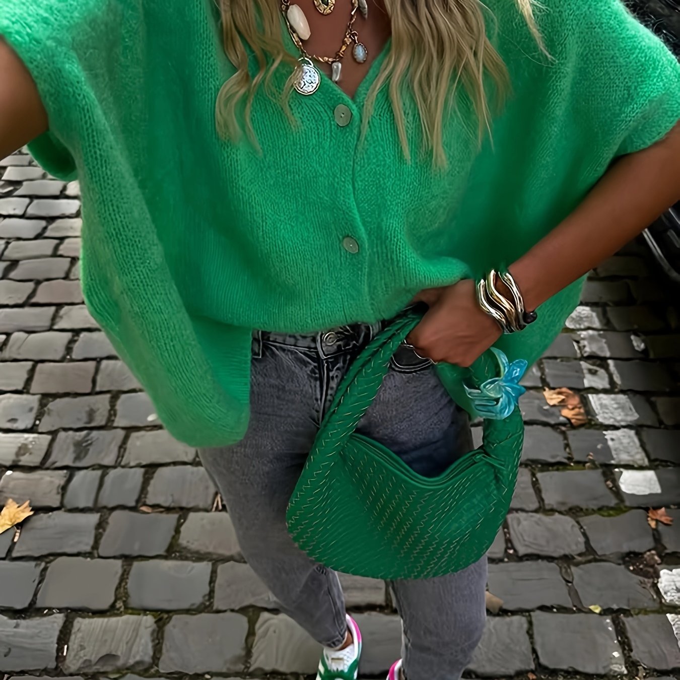 TEMU Seria Elegancka Damska Lekki Zielony Kardigan z Dekoltem w Serek - Luźny Krój, Półprzezroczysty na Guziki, Oddychający do Warstwowania na