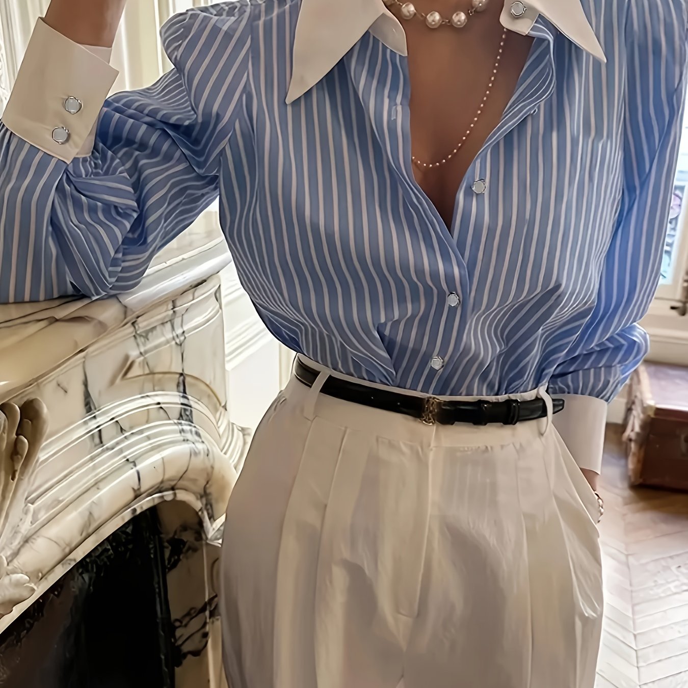 TEMU Elegancka damska koszula w paski zapinana na guziki - bluzka z długim rękawem do biura i na co dzień z klasycznym kołnierzykiem, koszula do