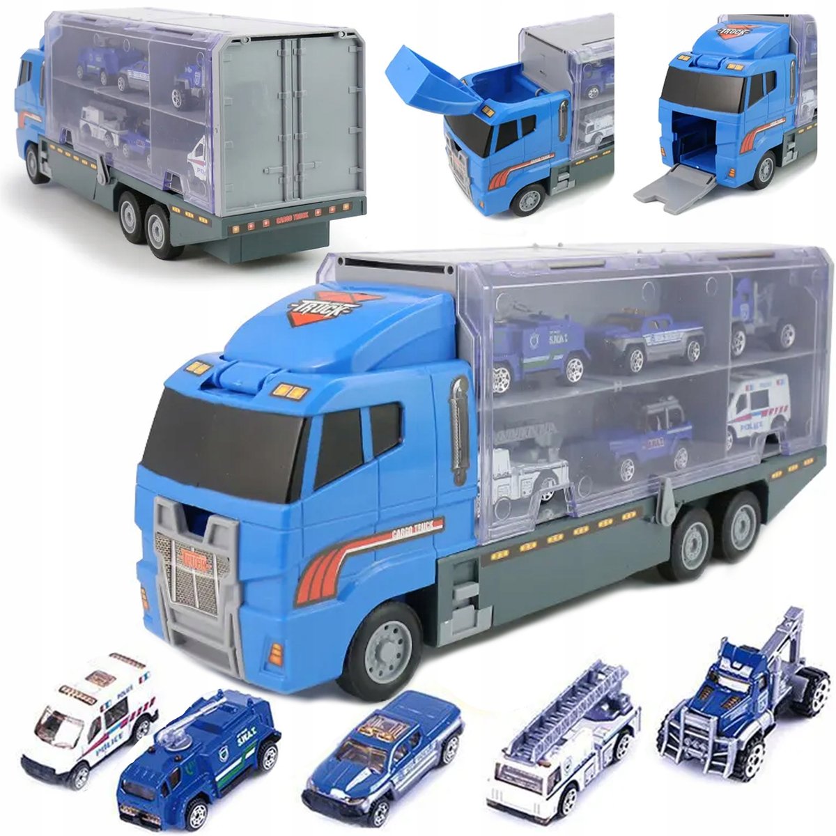 Transporter ciężarówka Tir laweta 6x auta policyjne, dla dziecka