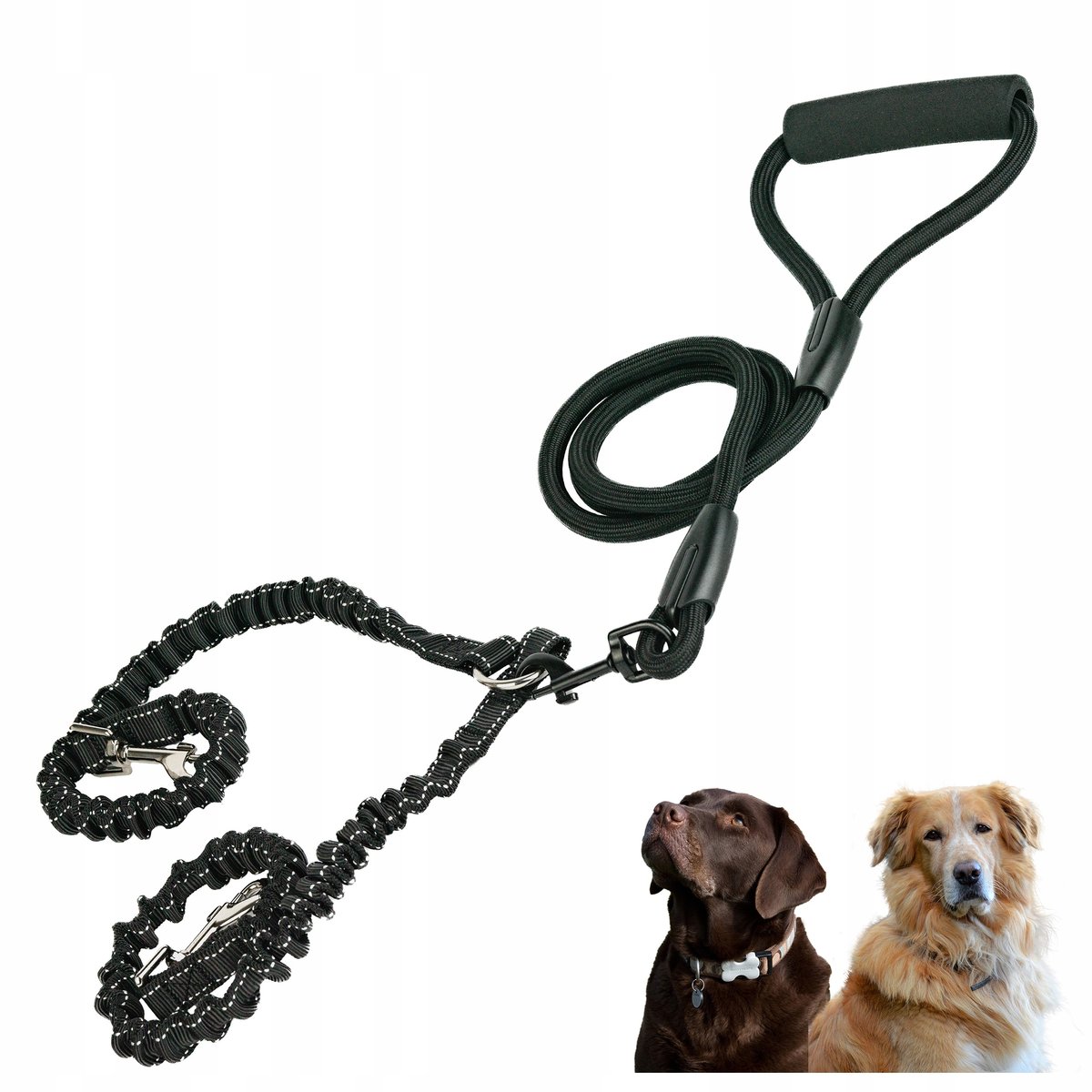 PODWÓJNA SMYCZ DLA PSA Z AMORTYZATOREM Smycz dla dwóch psów CZARNA L 180cm