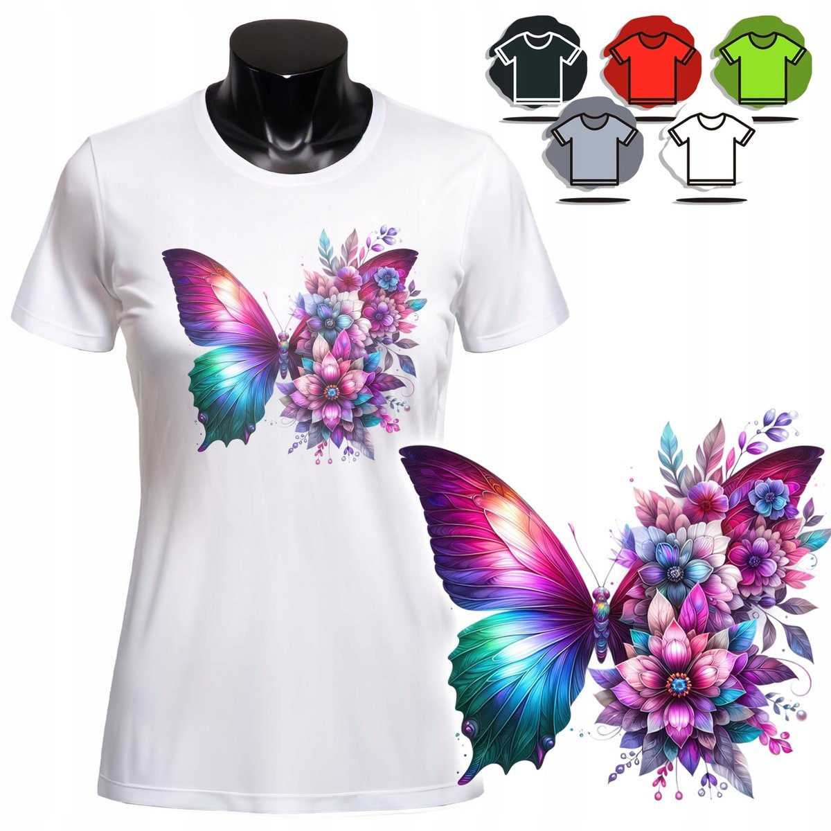 KOSZULKA DAMSKA Z NADRUKIEM T-SHIRT - MOTYLEK KWIATY - XL