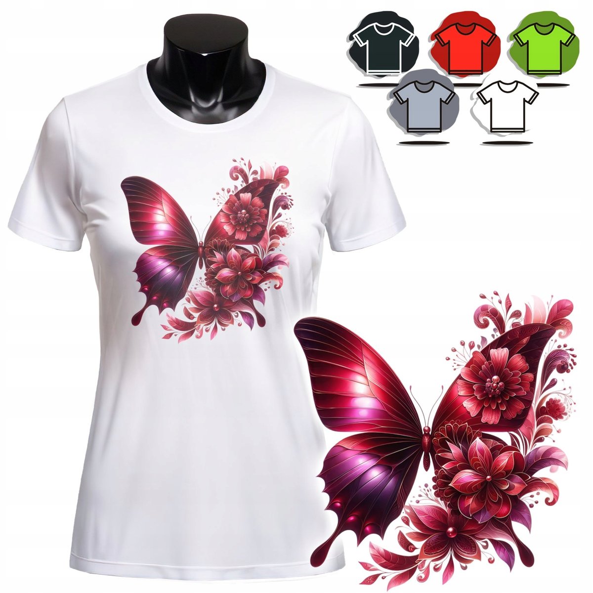 KOSZULKA DAMSKA Z NADRUKIEM T-SHIRT - MOTYLEK KWIATY - XL