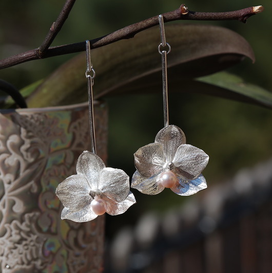 Orchidea, storczyk, kolczyki srebrne