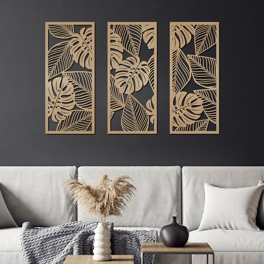 Zestaw 3 paneli drewnianych na ścianę Monstera