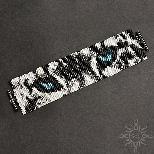 Śnieżna Pantera, szeroka wyplatana bransoleta, beading