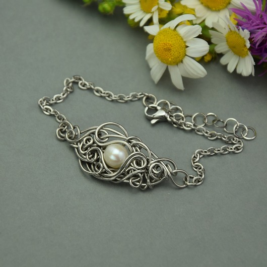 Bransoletka z perłą, wire wrapping perła