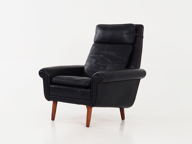 Fotel skórzany czarny, duński design, lata 70, produkcja: Dania