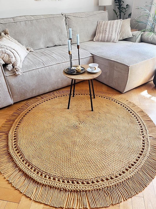 Okrągły dziergany dywan Boho Musztrarda 140 cm