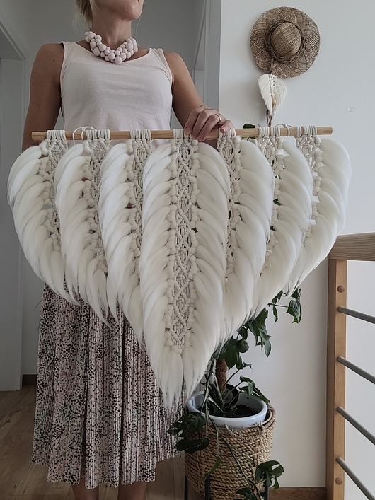 Makrama, listki ecru boho, piórka natural, pióro, liście