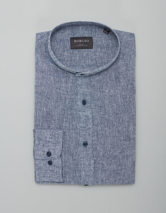 Koszula męska lniana ze stójką lentini 00389 granatowy slim fit