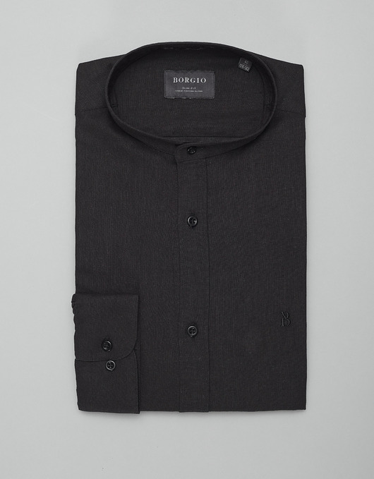 Koszula męska lniana ze stójką lentini 00394 czarny slim fit
