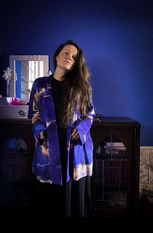 Aksamitne KIMONO domowe/ narzutka, autorski print CHMURY niebieskie