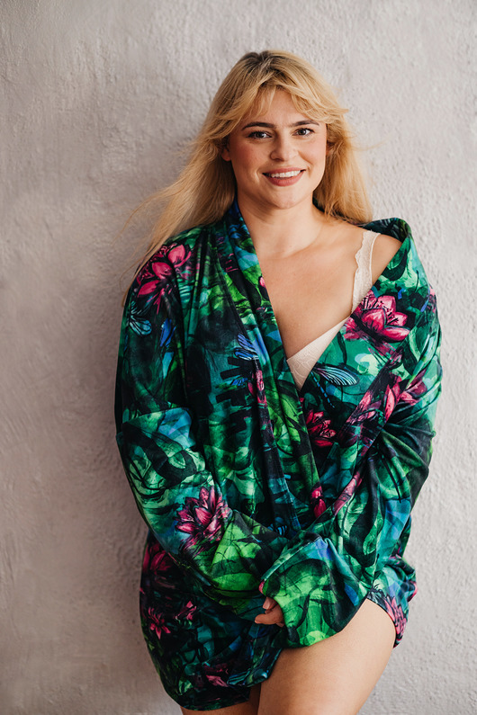 Aksamitne KIMONO domowe/ narzutka, autorski print nenufary i ważki