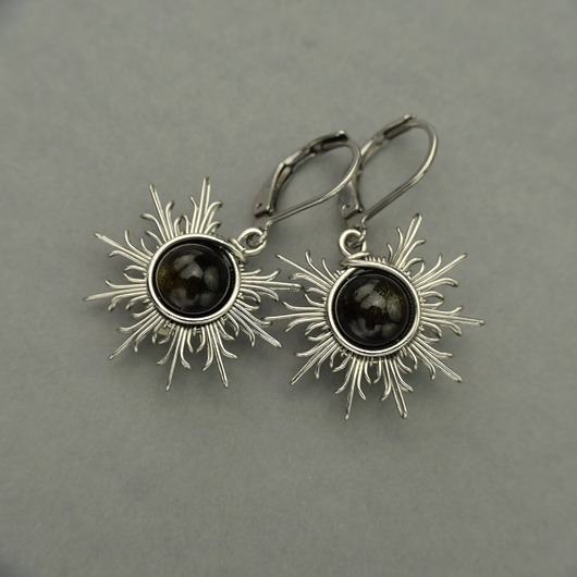Kolczyki słońce obsydian złocisty wire wrapping słoneczka