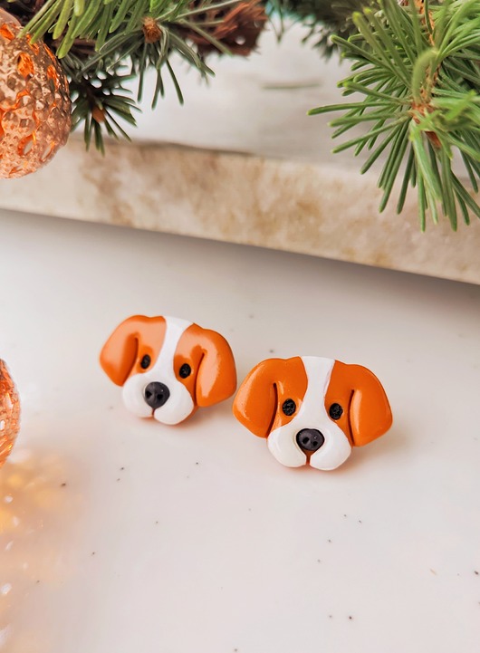 Kolczyki pieski psy rudo białe, biało rude, biżuteria z rudym pieskiem psem