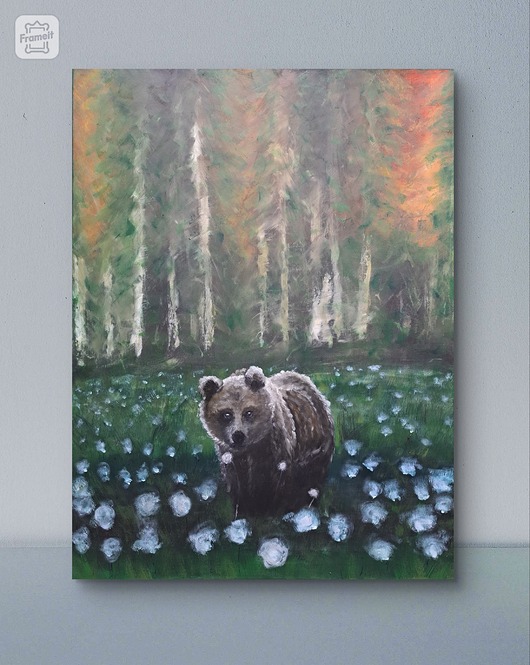 Spotkanie Obraz olejny płótno 60x80 las natura łąka niedźwiedź dmuchawce