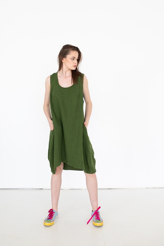 Sukienka lniana asymetryczna, 100% len miękki typu bombka