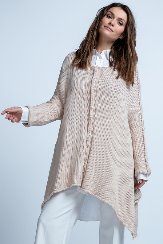 Bawełniany oversizowy asymetryczny sweter na wiosnę i lato F1851 Beżowy UNI