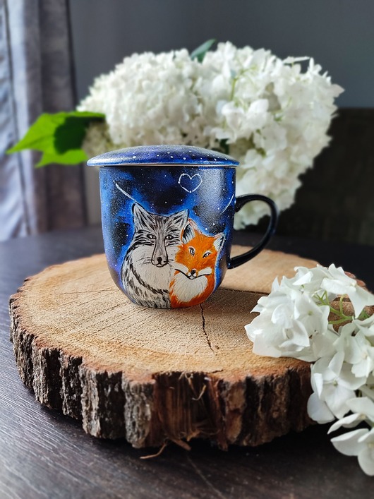 Kubek dla miłośnika kawy i lasu wilk i lis