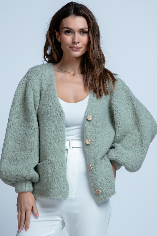 Krótki kardigan z kieszeniami z wełny dziewiczej F1845 Pistacja