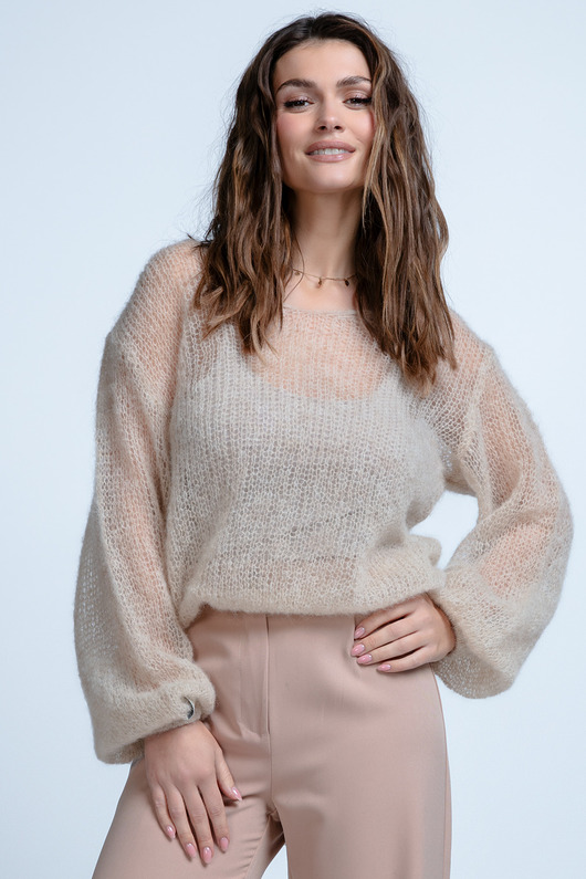 Lekki sweter mgiełka z dekoltem w serek z wełny alpaki F1853 Beżowy