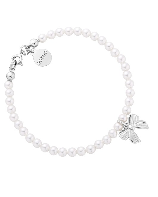 Srebrna bransoletka z białych pereł SWAROVSKI CRYSTAL z kokardką