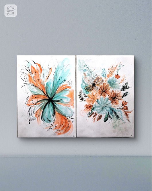 Dyptyk abstrakcja kwiaty Obraz akwarela papier 2x 30x42 jesień dwie sztuki