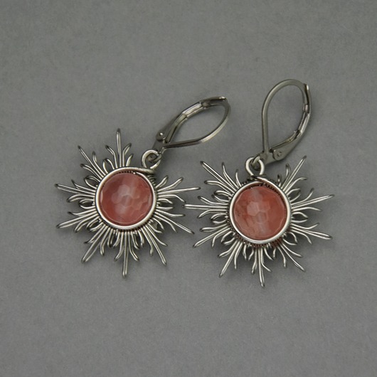 Różowe kolczyki słońce kwarc malinowy wire wrapping słoneczka
