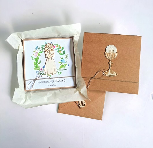 PREMIUM : kartka w pudełku + torebka handmade :wianek : dziewczynka