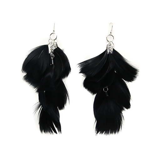Czarne - długie kolczyki z piórami, srebro