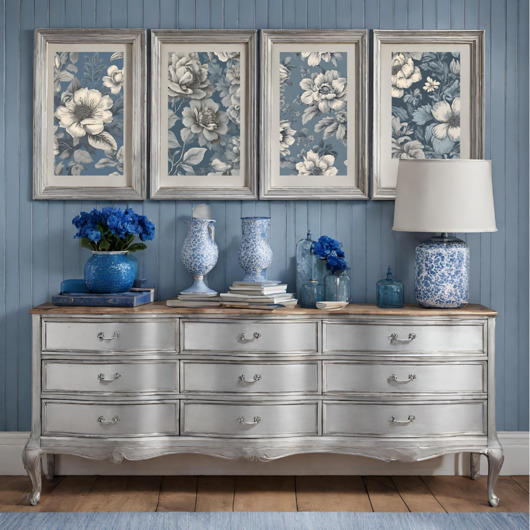 4 PLAKATY niebieskie chinoiserie , kwiaty