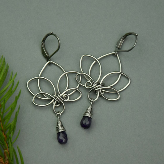 Kolczyki kwiat lotosu ametyst wire wrapping